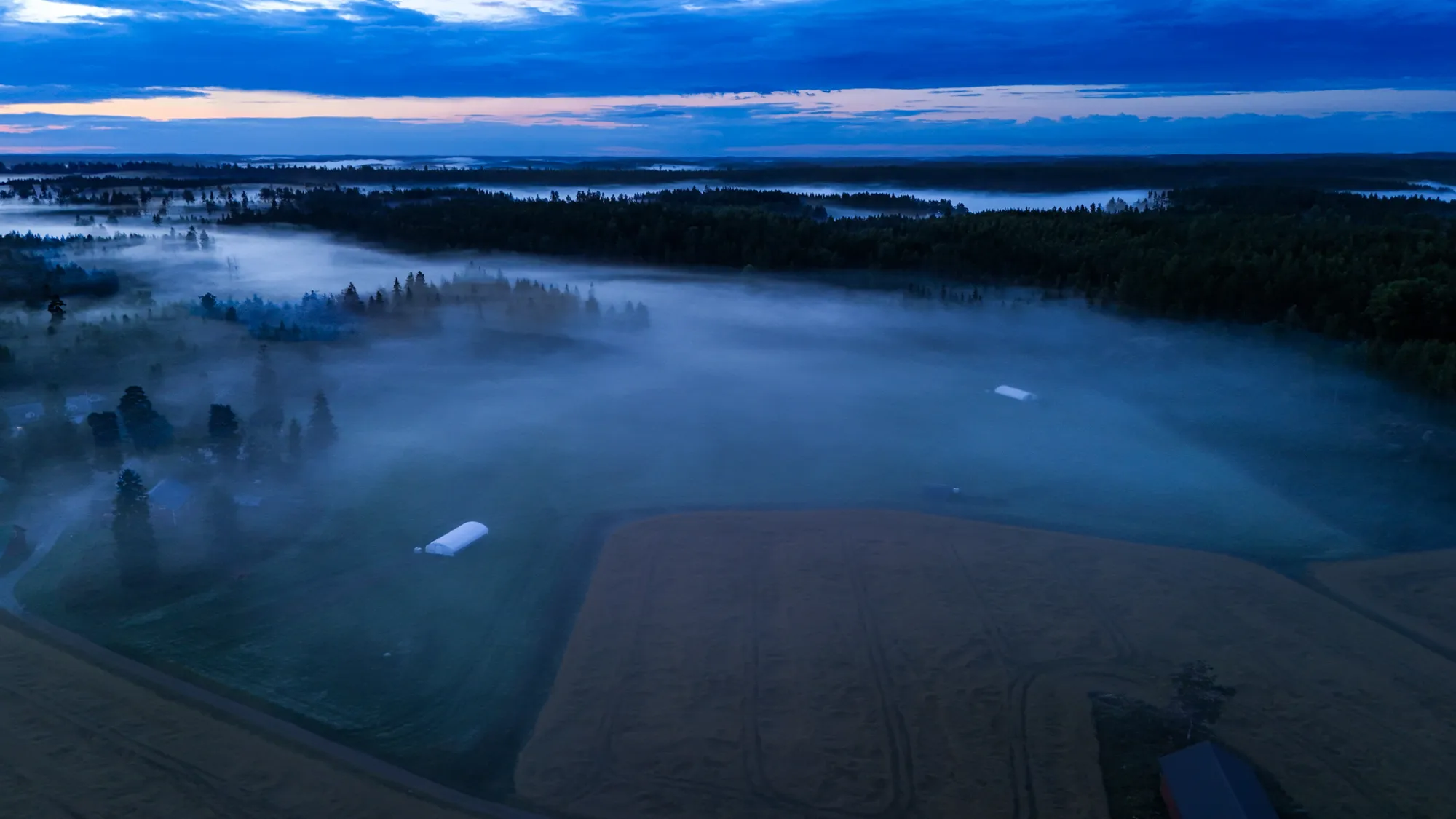 Ilmakuva maalaismaisemasta hämärän aikaan. Matala sumu leviää peltojen yli, taustalla metsää ja järven selkä, ja pellon laidassa erottuu kaksi valkoista hallia.